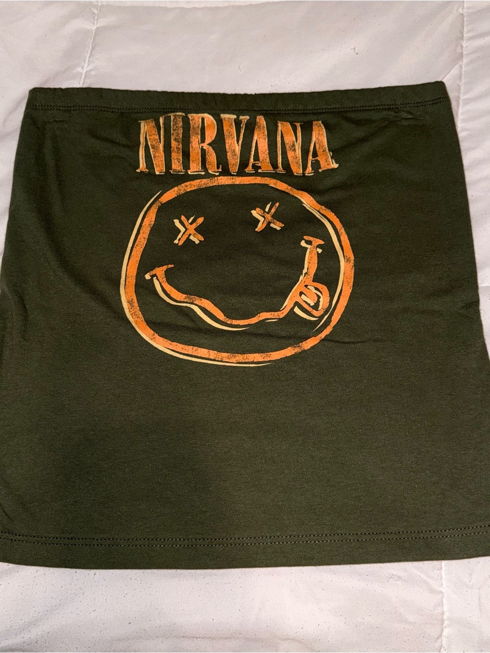 NIRVANA Olive Green Mini Skirt with Orange Smile Logo